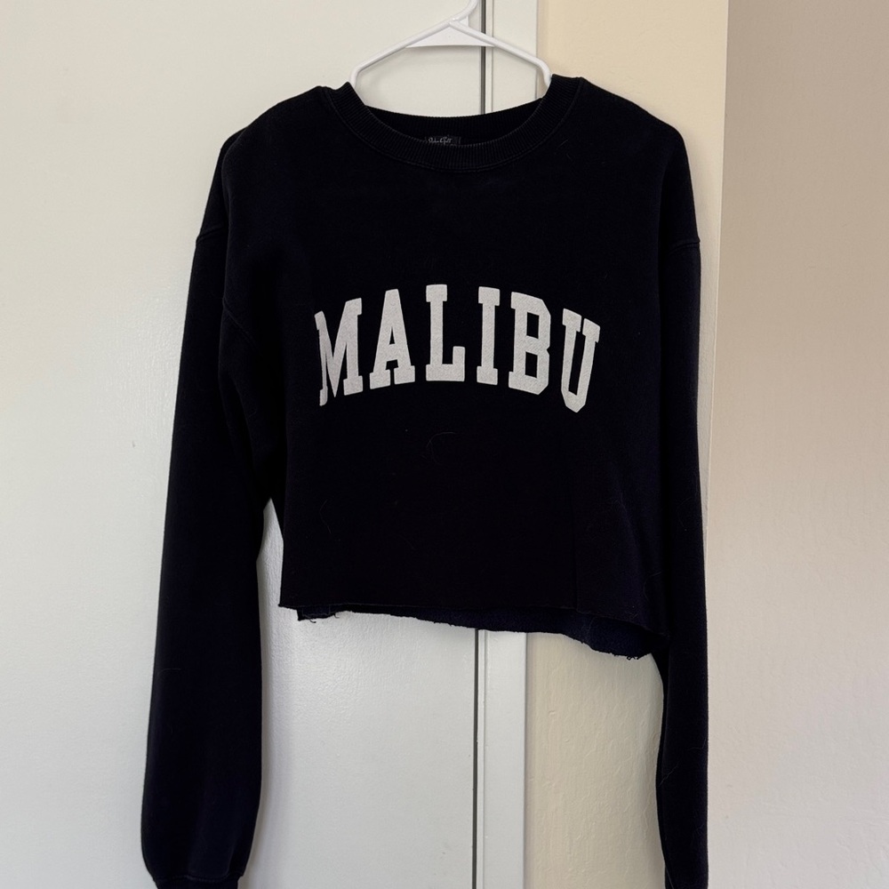 Brandy Melville Navy Cropped Crewneck with White 'MALIBU' Logo